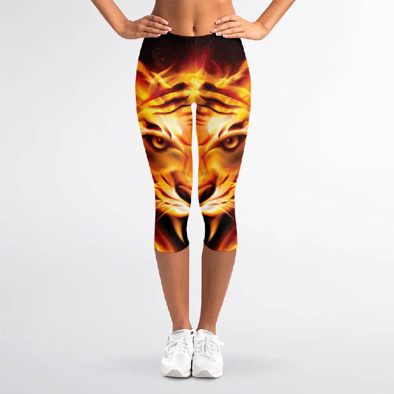 Flame Tiger Print Women's Capri Leggings Trendy Sports Performance Leggings