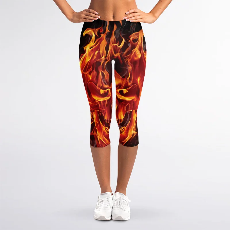 Flaming Evil Skull Print Women's Capri Leggings Trendy Tie-Dye Leggings
