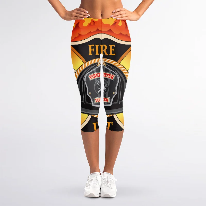 Flaming Firefighter Emblem Print Women's Capri Leggings Fashionable Tummy Control Leggings