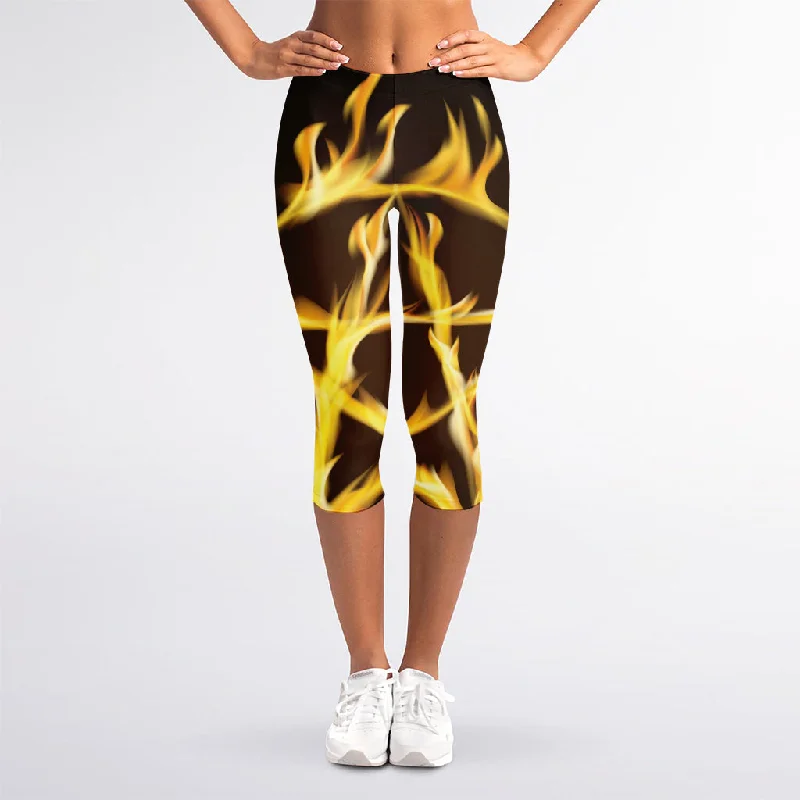 Flaming Pentagram Symbol Print Women's Capri Leggings Chic Floral Print Leggings