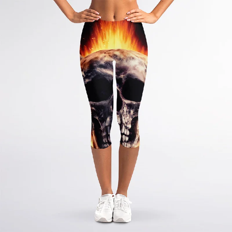 Flaming Skull And Cross Wrench Print Women's Capri Leggings Trendy Activewear Leggings