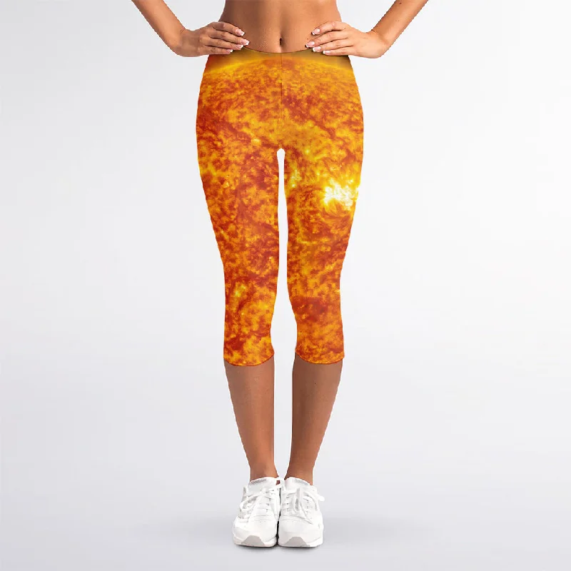 Flaming Sun Print Women's Capri Leggings Stylish Printed Stretch Leggings