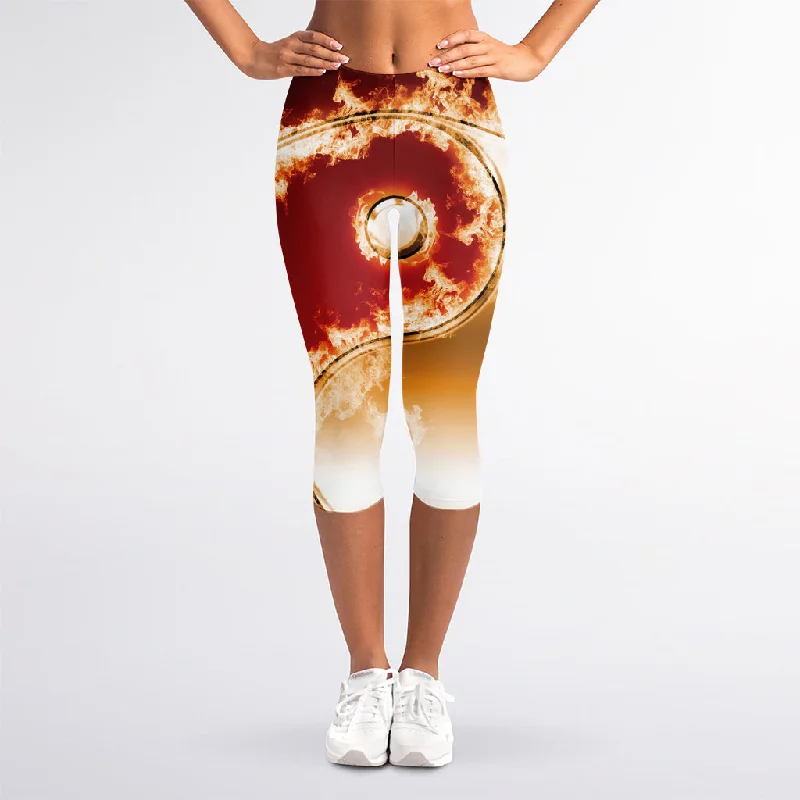 Flaming Yin Yang Print Women's Capri Leggings Comfortable Plus Size Leggings