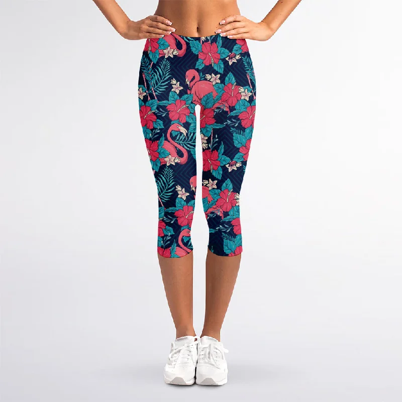 Flamingo And Hawaiian Floral Print Women's Capri Leggings Stylish Ankle-Length Leggings