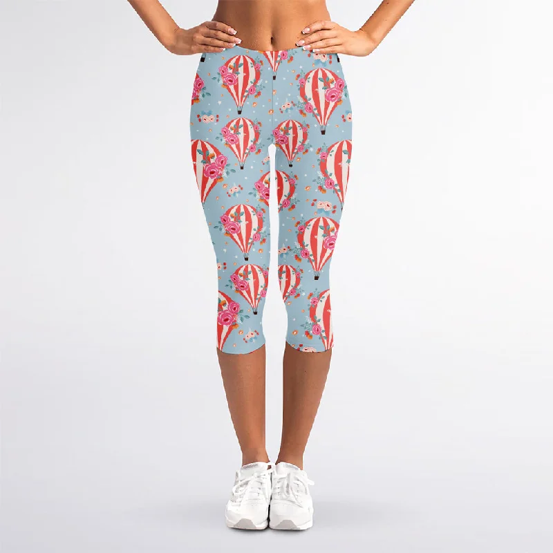 Floral Air Balloon Pattern Print Women's Capri Leggings Trendy Patterned Leggings