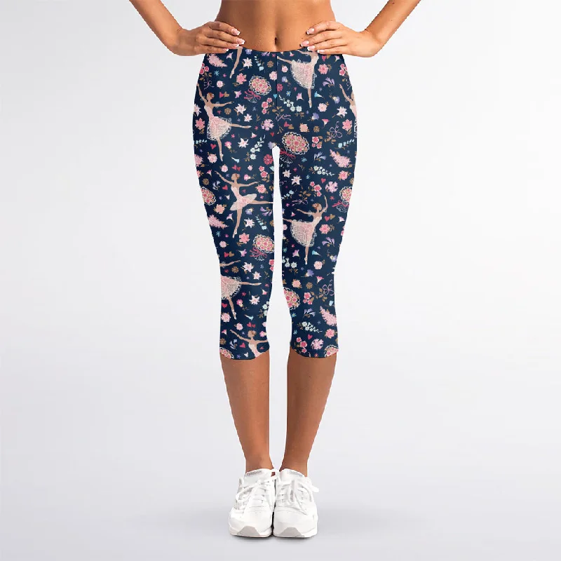 Floral Ballet Pattern Print Women's Capri Leggings Comfortable Compression Leggings