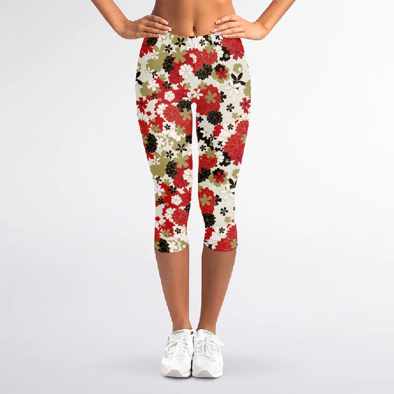 Floral Kimono Pattern Print Women's Capri Leggings Trendy Full-Length Leggings