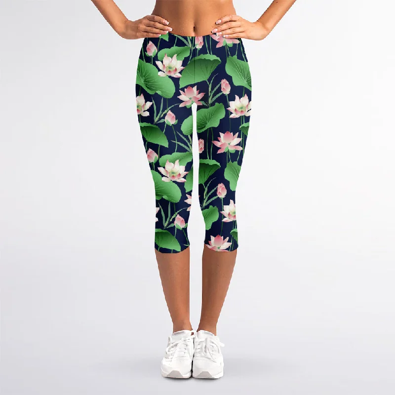 Flower And Leaf Lotus Pattern Print Women's Capri Leggings Stylish Lightweight Leggings