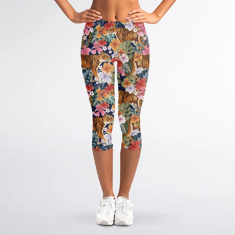 Flower And Tiger Pattern Print Women's Capri Leggings Stylish Side-Stripe Leggings