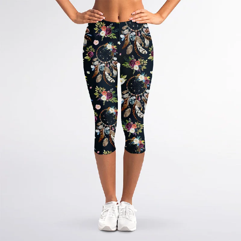 Flower Dream Catcher Pattern Print Women's Capri Leggings Comfortable Athletic Tights