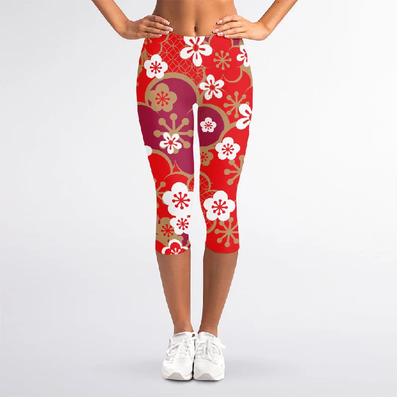 Flower Kimono Pattern Print Women's Capri Leggings Stylish Ultra Stretch Leggings