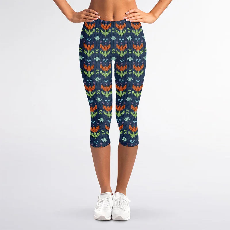 Flower Knitted Pattern Print Women's Capri Leggings Trendy Flared Leggings