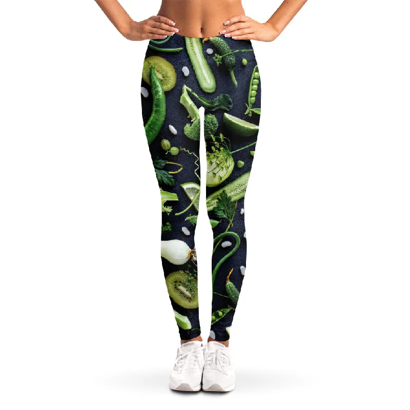 Fresh Green Fruit And Vegetables Print Women's Leggings Elegant Metallic Leggings