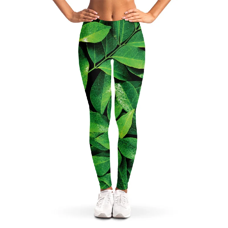 Fresh Green Leaf Print Women's Leggings Casual Slim-Fit Leggings