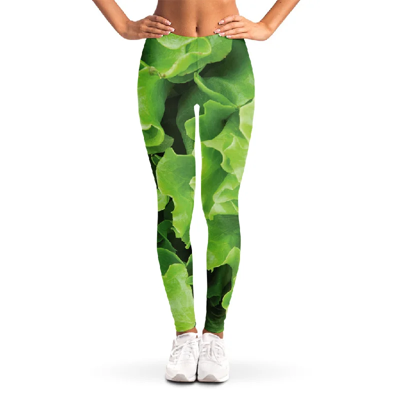 Fresh Lettuce Leaves Print Women's Leggings Elegant Satin Finish Leggings