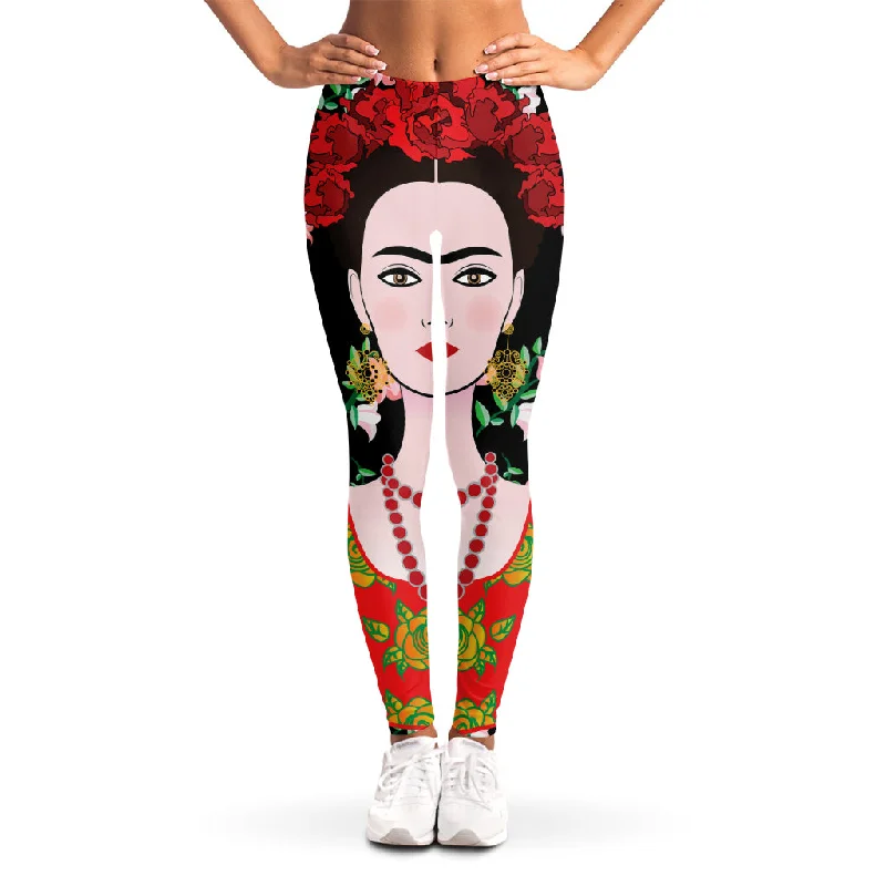 Frida Kahlo And Pink Flower Print Women's Leggings Stylish Yoga Leggings