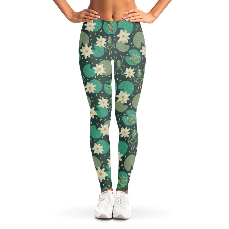 Frogs And Water Lilies Pattern Print Women's Leggings Comfortable Wide-Band Leggings