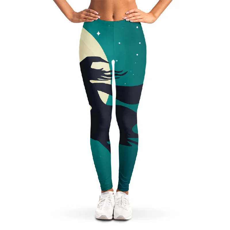 Full Moon Halloween Flying Witch Print Women's Leggings Fashionable Leather-Look Leggings