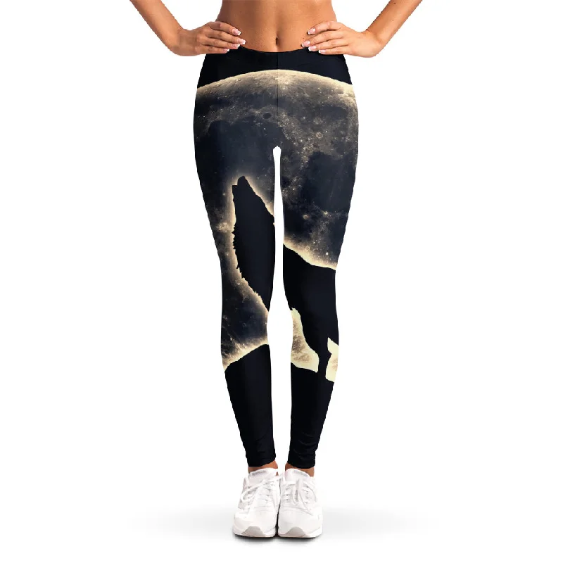 Full Moon Howling Wolf Print Women's Leggings Elegant Black Leggings