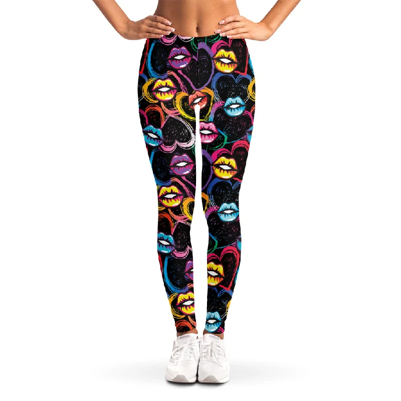 Funky Kiss Lips Pattern Print Women's Leggings Fashionable Moisture-Wicking Leggings
