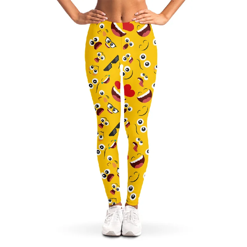 Funny Emoji Pattern Print Women's Leggings Comfortable Ribbed Sports Leggings