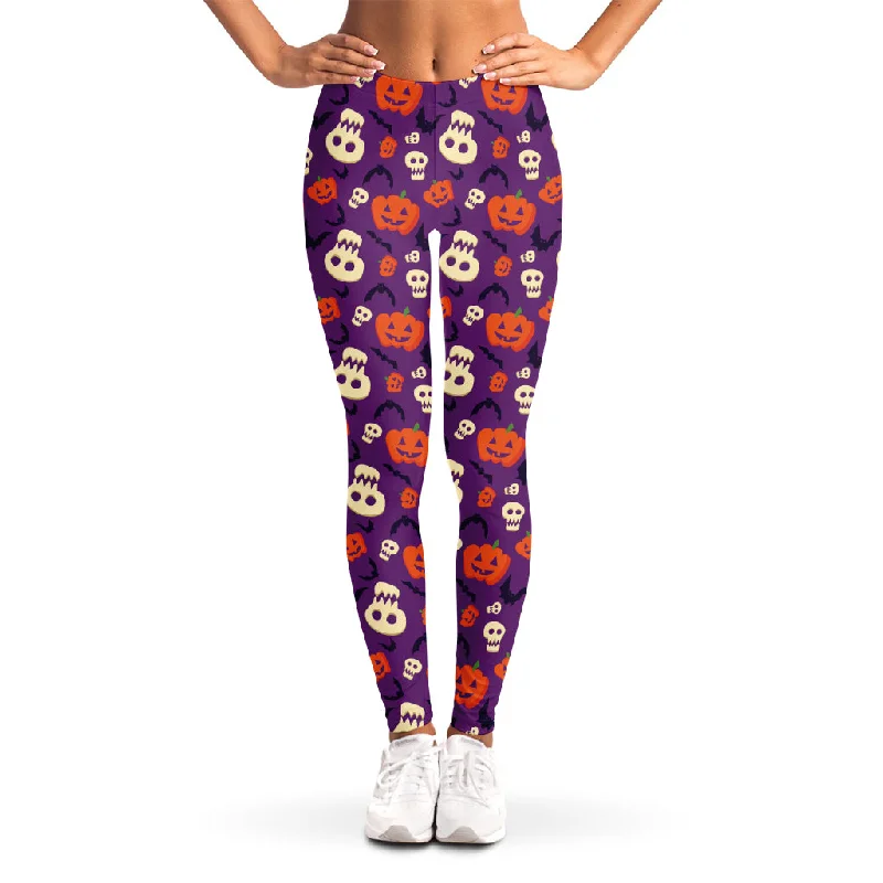 Funny Halloween Pumpkin Pattern Print Women's Leggings Trendy Colorblock Print Leggings