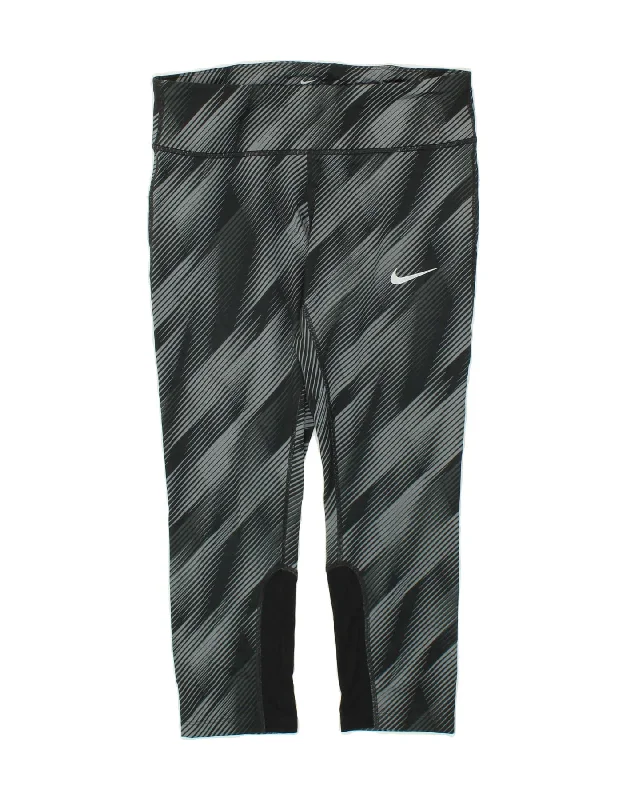 NIKE Womens Dri Fit Capri Leggings UK 14 Medium Grey Striped Polyester Classic Solid Color Leggings