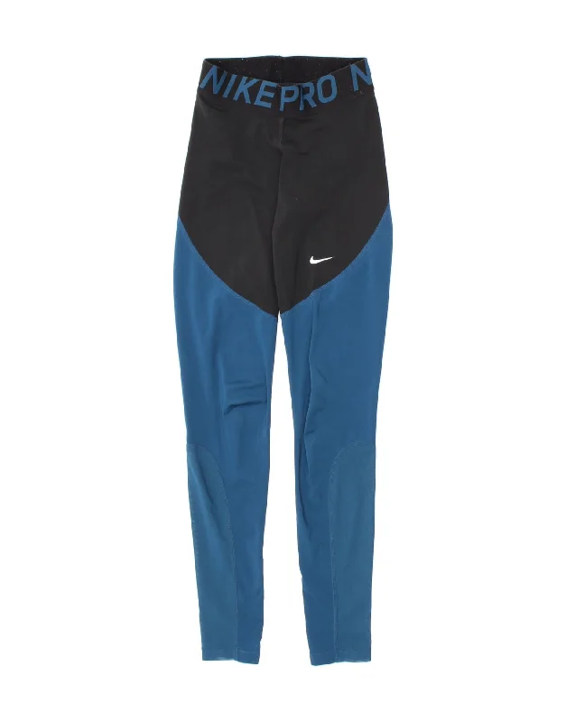 NIKE Womens Dri Fit Graphic Leggings UK 4 XS Blue Colourblock Trendy Sports Performance Leggings