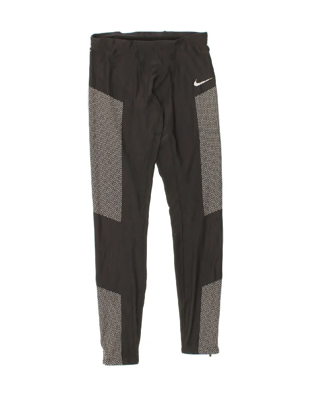 NIKE Womens Dri Fit Leggings UK 14 Medium  Black Colourblock Polyester Stylish Winter-Ready Leggings