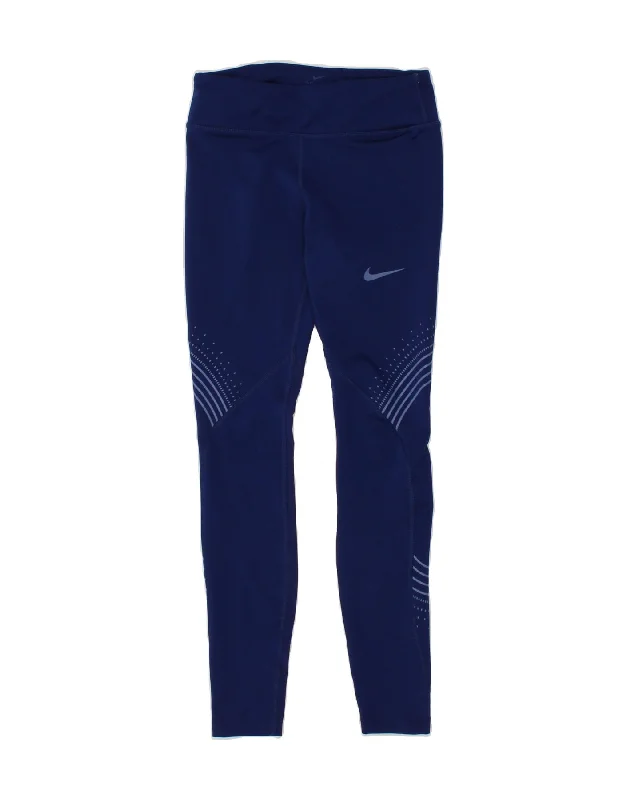 NIKE Womens Dri Fit Leggings UK 8 Small  Navy Blue Striped Comfortable Zip-Up Leggings