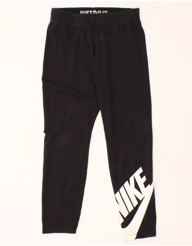 NIKE Womens Graphic Leggings UK 12 Medium Black Cotton Cozy Bootcut Leggings