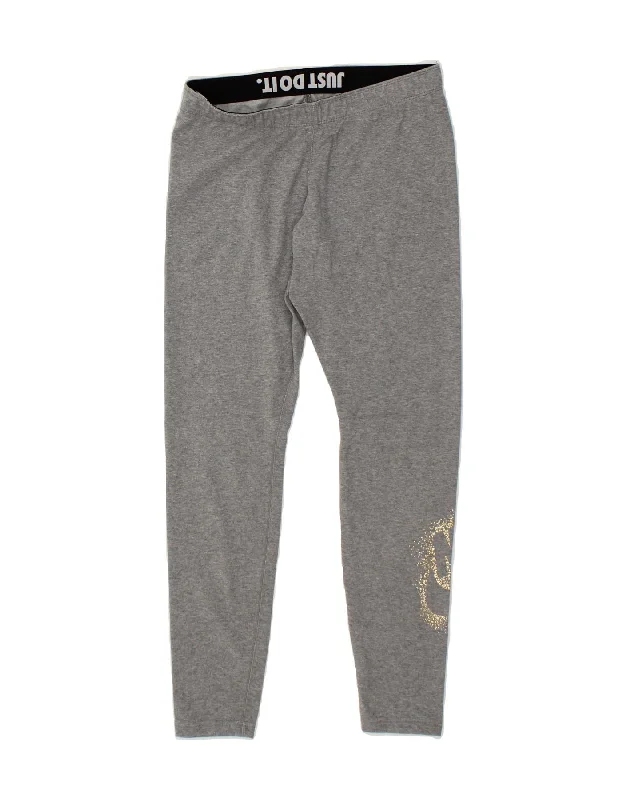 NIKE Womens Graphic Leggings UK 12 Medium  Grey Cotton Trendy Sporty Compression Leggings