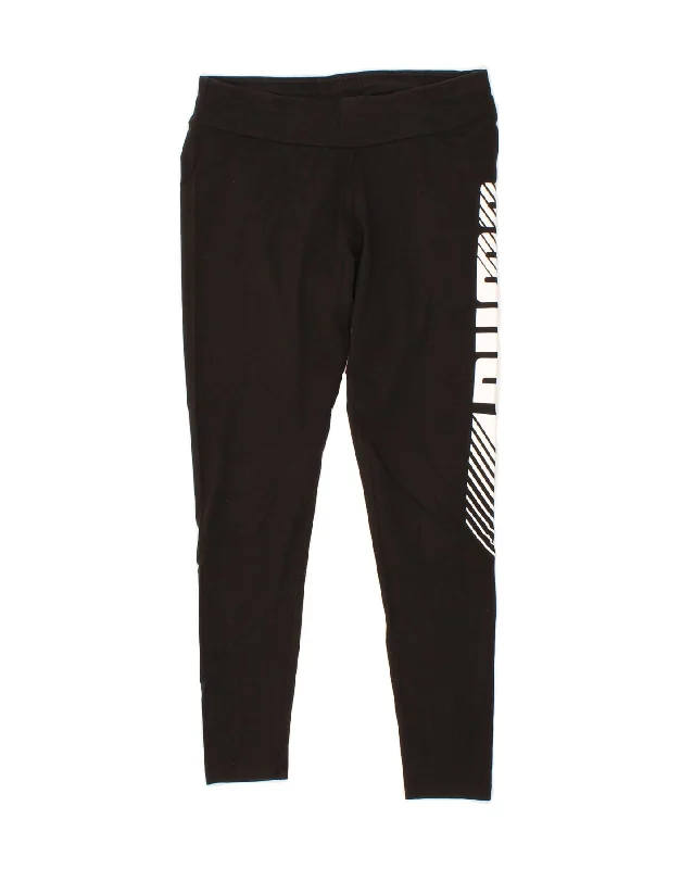 PUMA Womens Graphic Leggings UK 12 Medium  Black Cotton Comfortable Ribbed Waistband Leggings