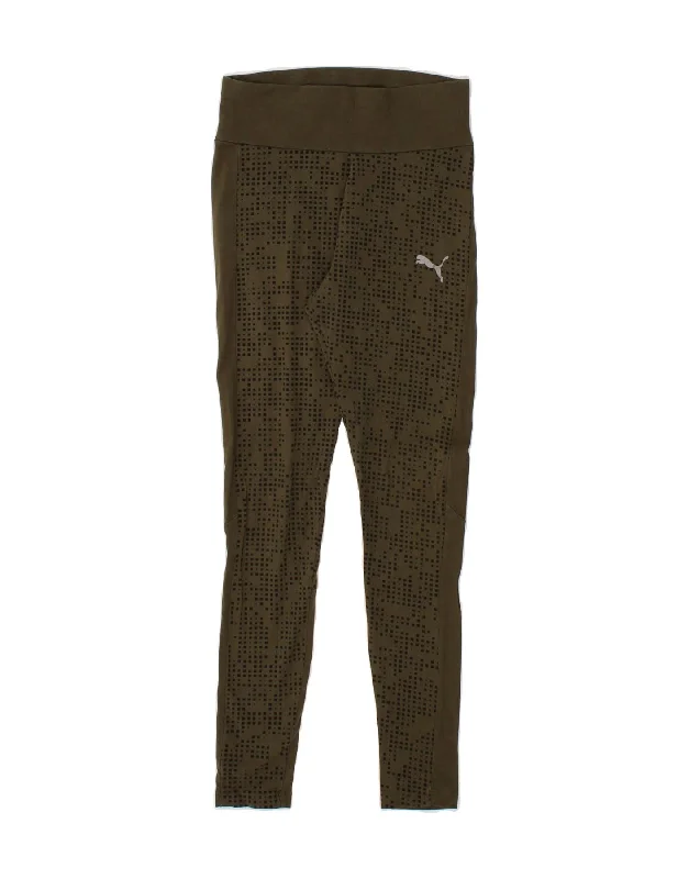 PUMA Womens High Waist Leggings UK 8 Small Khaki Geometric Comfortable Tummy Shaping Leggings