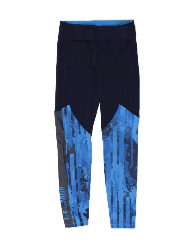 UNDER ARMOUR Womens Graphic Leggings UK 12 Medium  Navy Blue Colourblock Fashionable Embroidered Detail Leggings