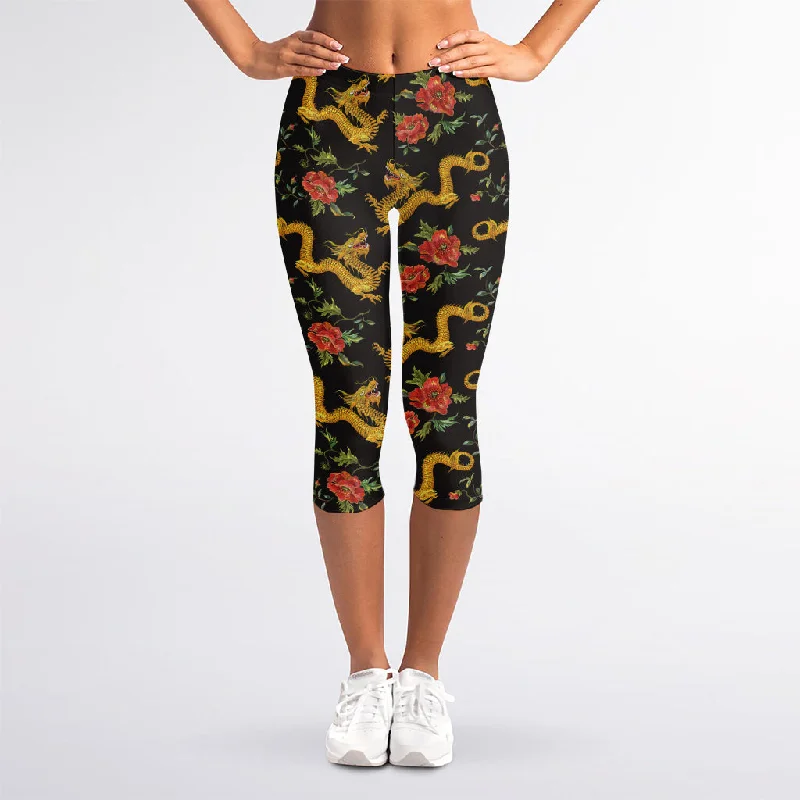 Embroidery Chinese Dragon Pattern Print Women's Capri Leggings Comfortable Slim Fit Leggings