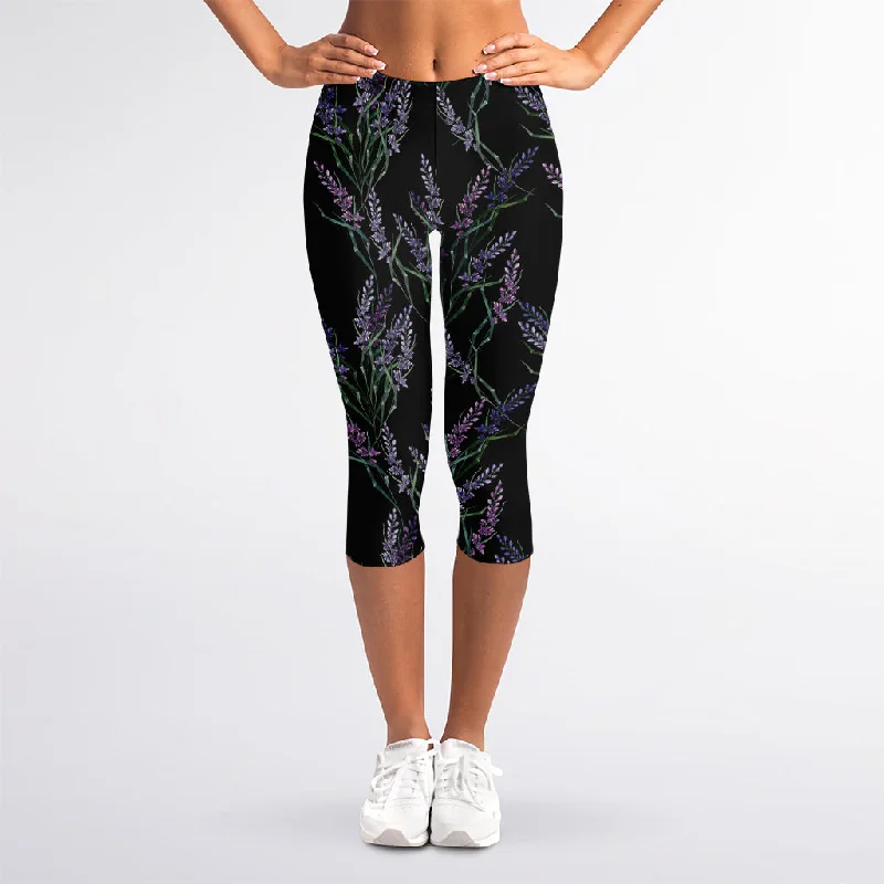 Embroidery Lavender Pattern Print Women's Capri Leggings Comfortable Classic Yoga Leggings