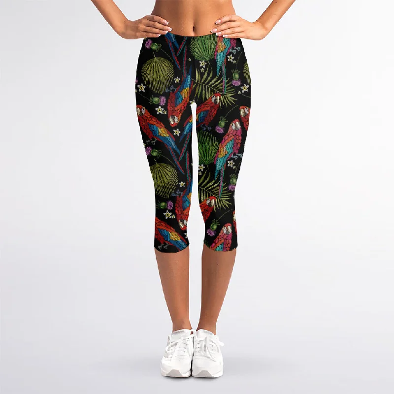 Embroidery Parrot Pattern Print Women's Capri Leggings Cozy Oversized Leggings