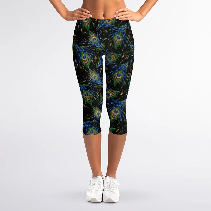Embroidery Peacock Feather Print Women's Capri Leggings Comfortable Zip-Up Leggings