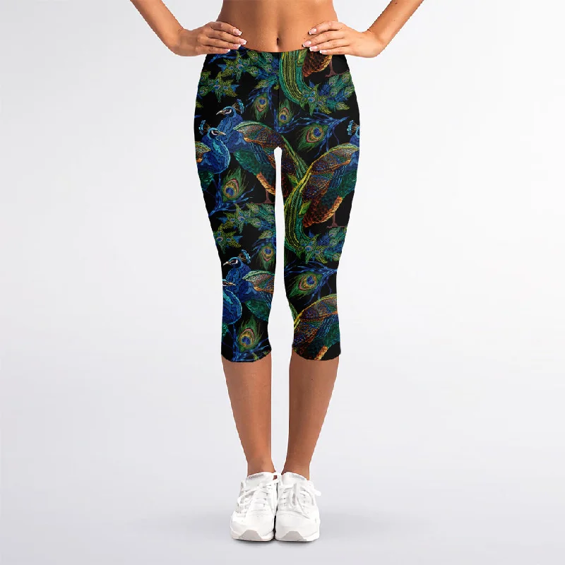 Embroidery Peacock Pattern Print Women's Capri Leggings Elegant Full-Body Leggings