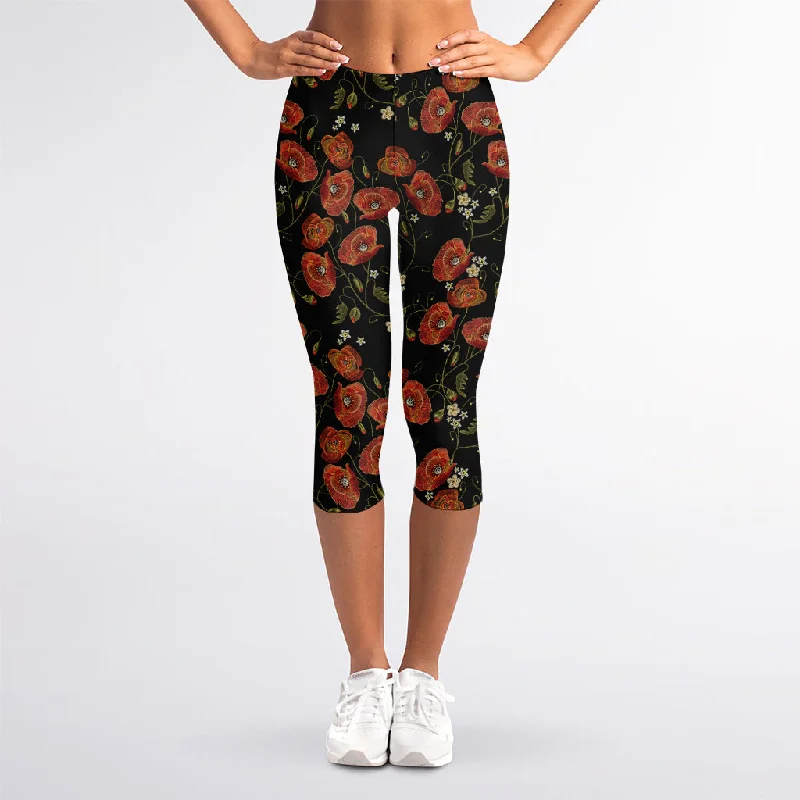 Embroidery Poppy Pattern Print Women's Capri Leggings Trendy Digital Print Leggings