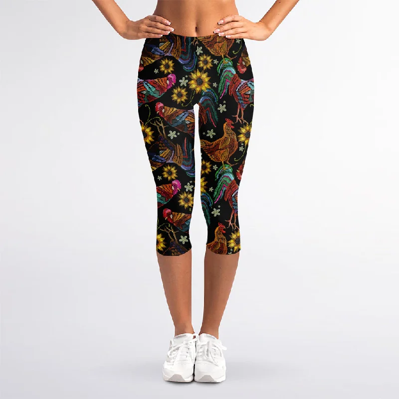 Embroidery Rooster Pattern Print Women's Capri Leggings Comfortable Printed Workout Leggings