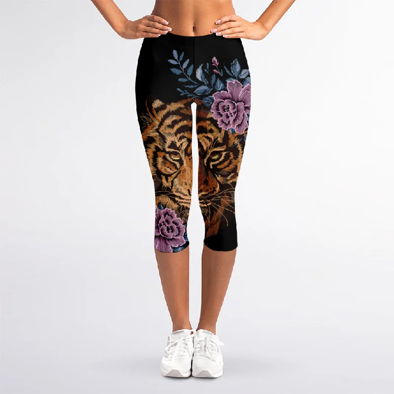 Embroidery Tiger And Flower Print Women's Capri Leggings Fashionable Sports Compression Leggings
