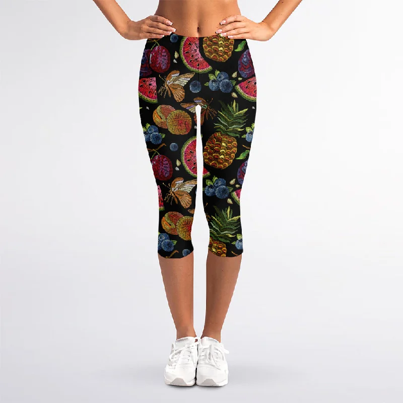 Embroidery Tropical Pattern Print Women's Capri Leggings Fashionable Plus-Size Activewear