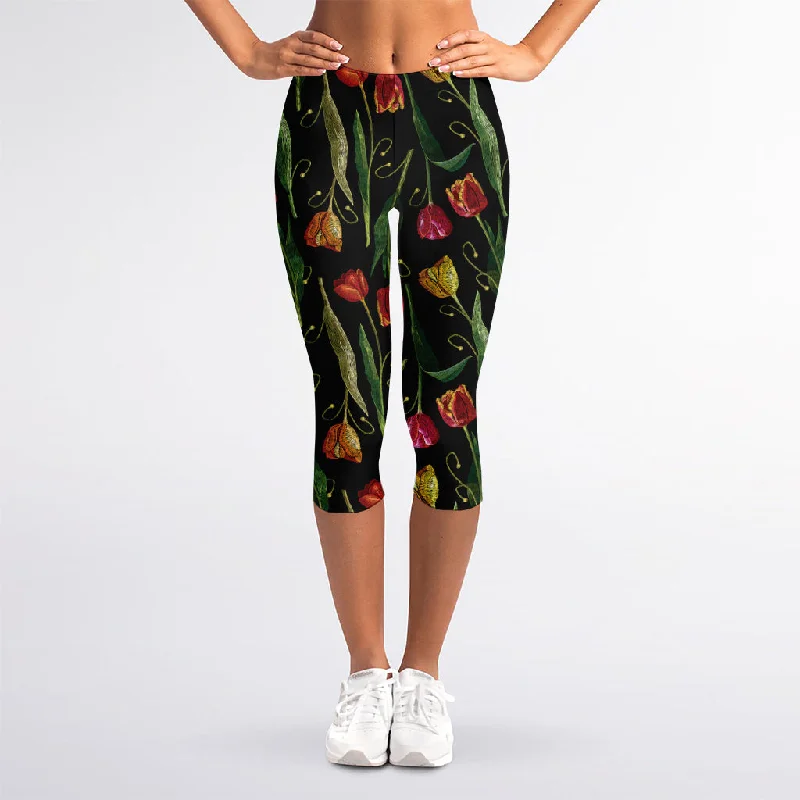 Embroidery Tulip Pattern Print Women's Capri Leggings Comfortable Cold Weather Leggings