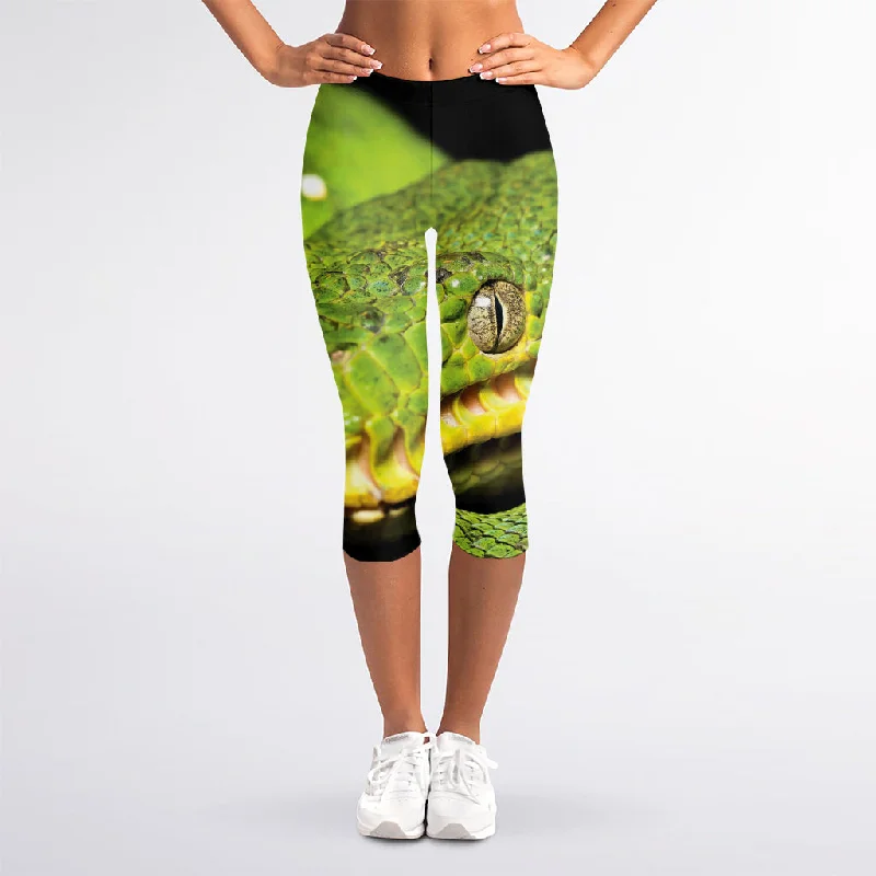 Emerald Tree Boa Snake Print Women's Capri Leggings Chic Printed Yoga Pants