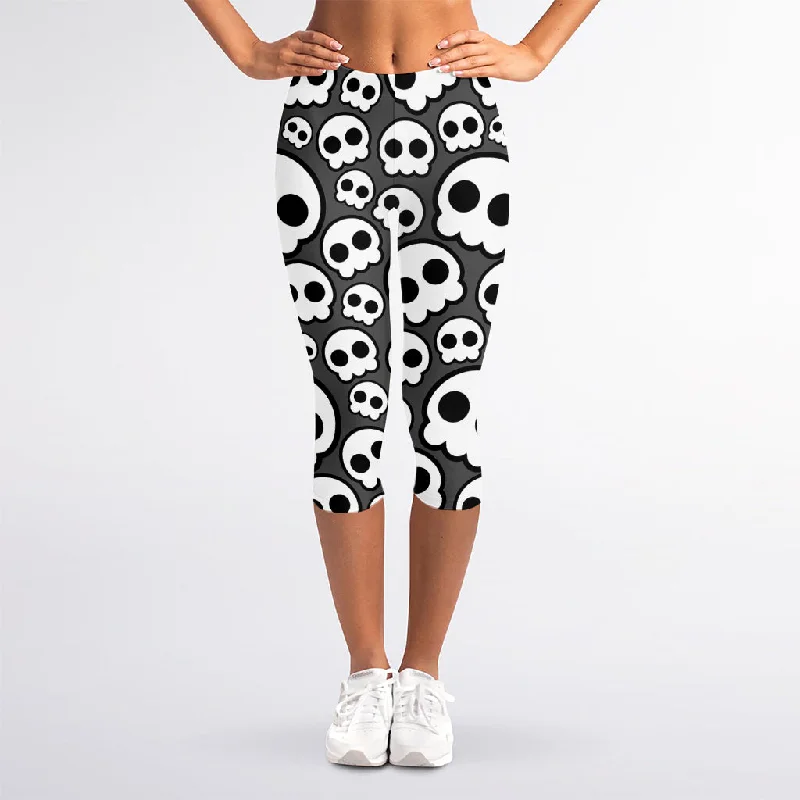 Emo Skull Pattern Print Women's Capri Leggings Stylish Stretch Pants Leggings