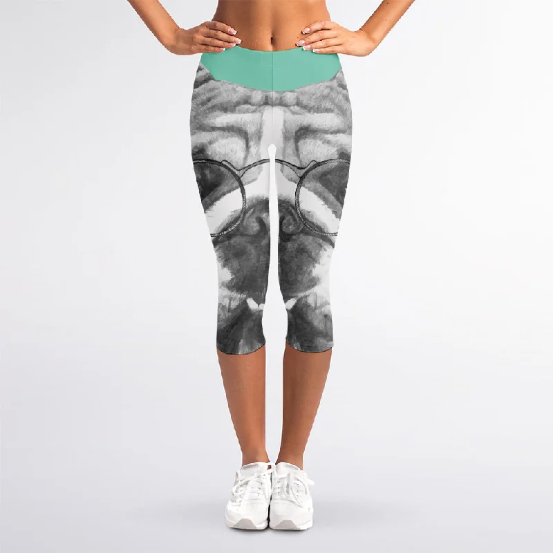 English Bulldog With Glasses Print Women's Capri Leggings Trendy Spandex Leggings