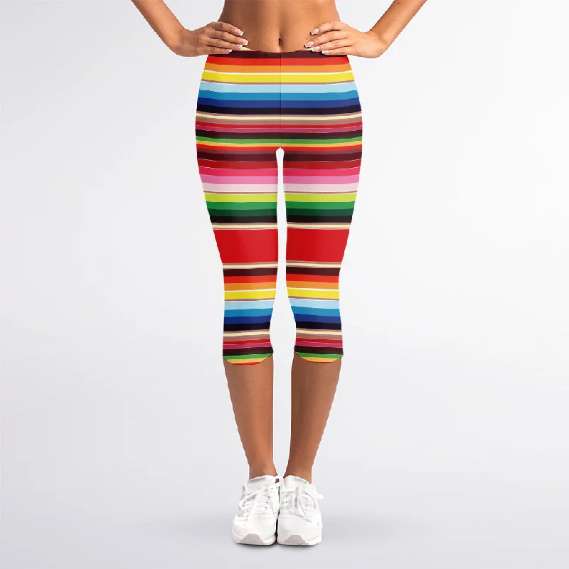 Ethnic Mexican Blanket Stripe Print Women's Capri Leggings Elegant Stretchy Faux Leather Leggings
