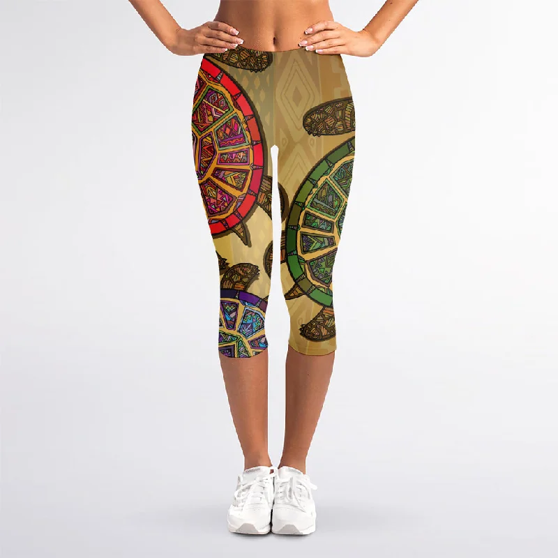 Ethnic Sea Turtles Print Women's Capri Leggings Elegant Satin Finish Leggings